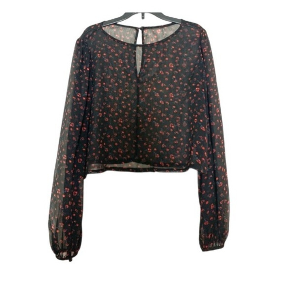 Vintage Semi Sheer Floral Blouse Top Black Red